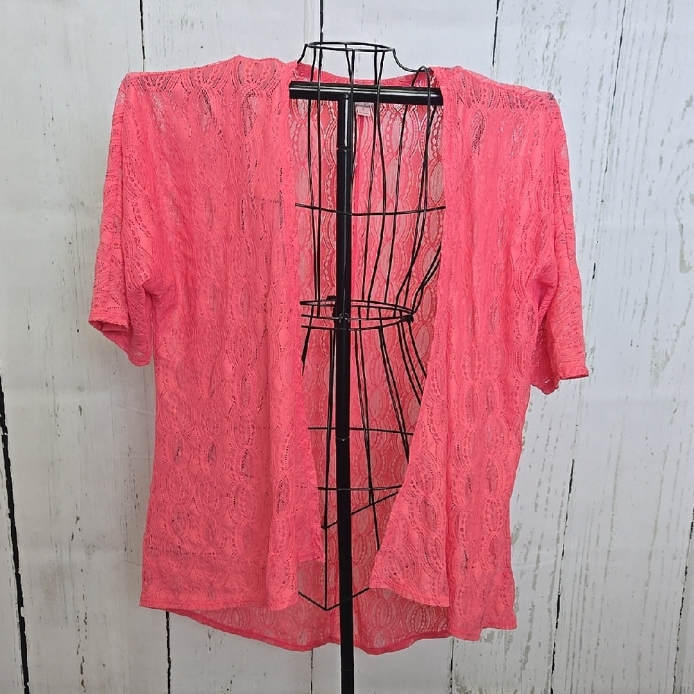 LulaRoe Women's Pink/Coral Lace Kimono Open Front Top Cover Up